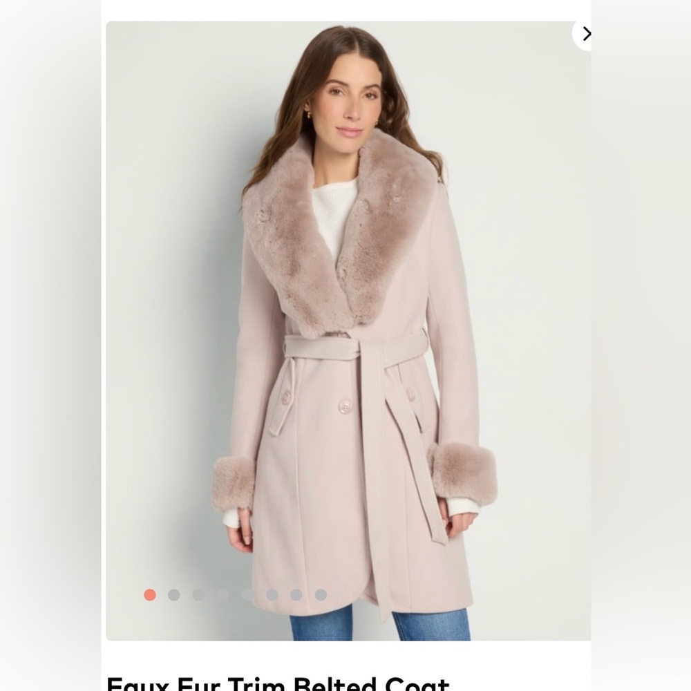 Faux Fur Trim Belted Coat - Cream